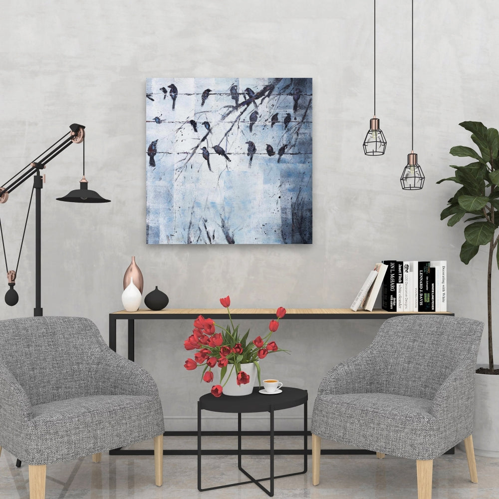 Abstract Birds on Wire Canvas | Blue Bird Animals Home Decor