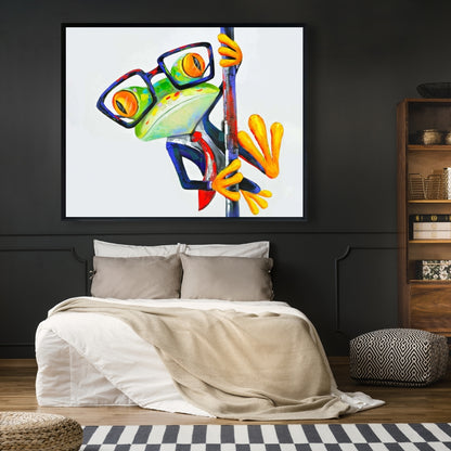 Funny Frog with Glasses Framed Canvas | Animal Bedroom Decor