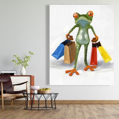Toile « Grenouille amusante avec des sacs de courses » | Décoration de chambre animalière