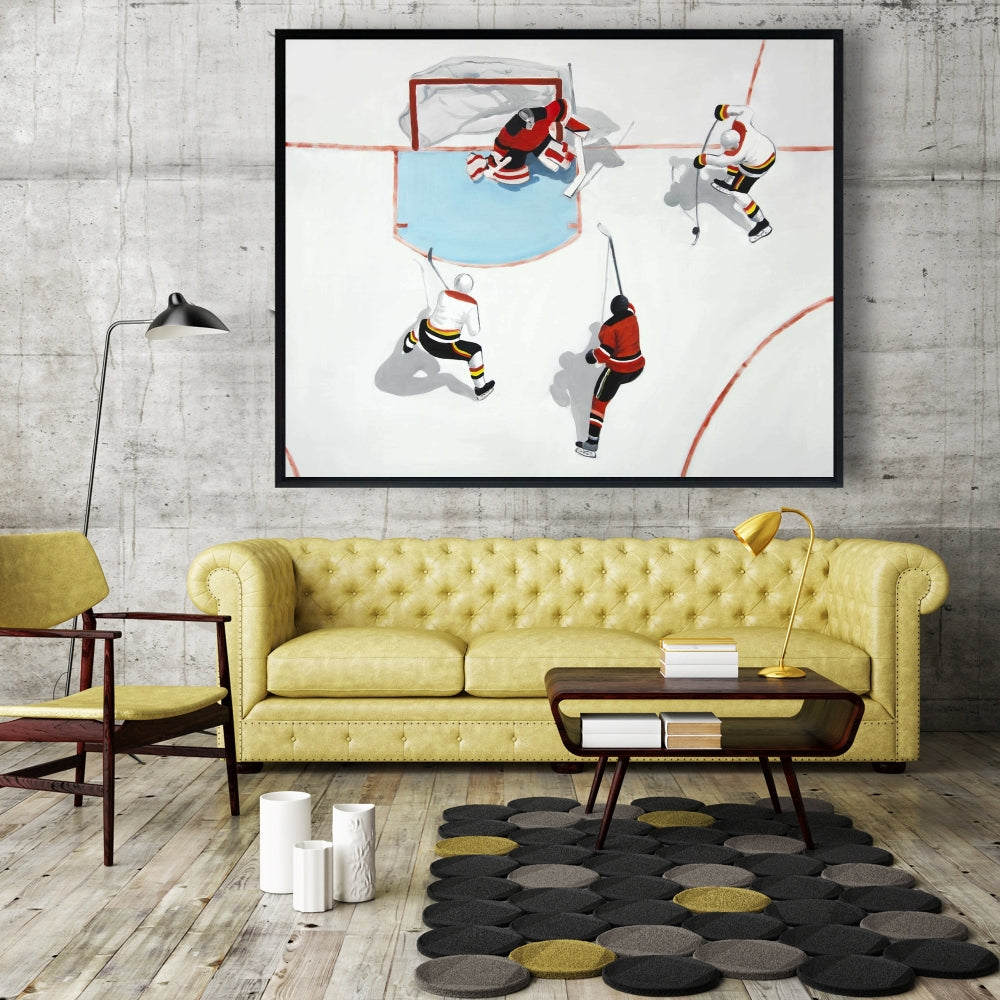 Toile « Match de hockey mouvementé » | Décoration pour homme | Cadre blanc