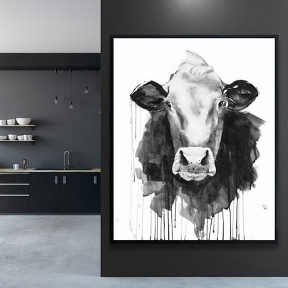 Toile monochrome représentant une vache et un animal de la ferme | Décoration d'intérieur encadrée