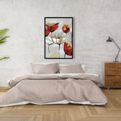 Toile encadrée à fleurs rouges et blanches abstraites - Décoration d'intérieur moderne