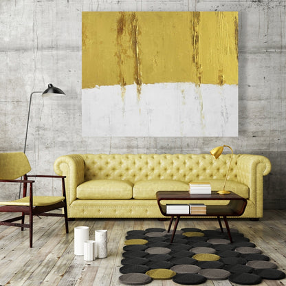 Toile abstraite à motifs blancs – Décoration d'intérieur à rayures dorées