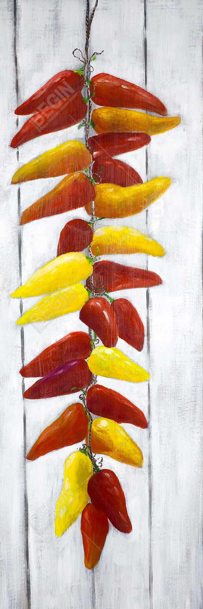 Toile alimentaire jaune – Corde de poivrons sur fond bois