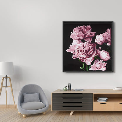 Toile encadrée noire – Pivoines roses | Décoration de chambre