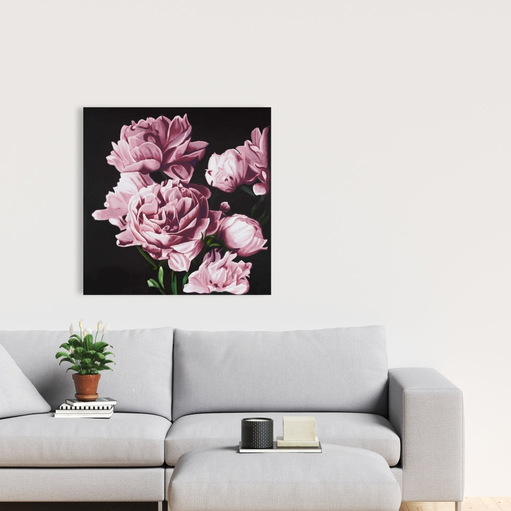 Pink Peonies Canvas - Romantic Black Bedroom Wall Art Decor
