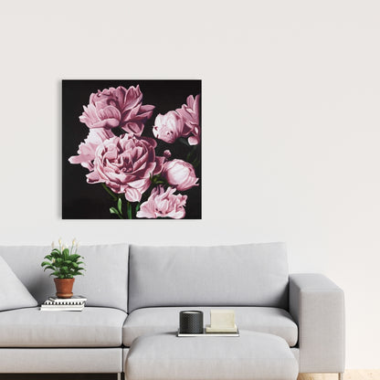 Pink Peonies Canvas - Romantic Black Bedroom Wall Art Decor