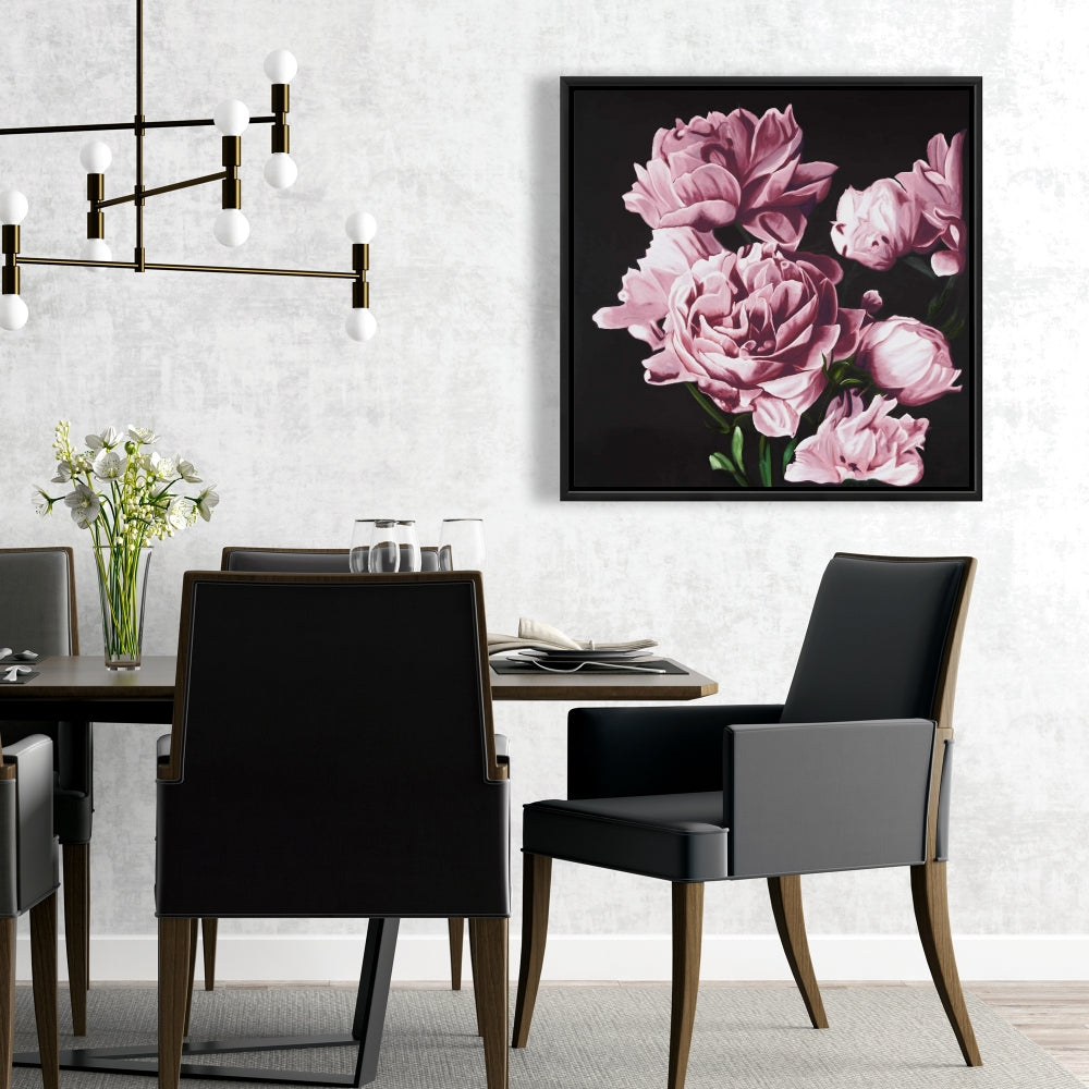 Toile encadrée noire – Pivoines roses | Décoration de chambre
