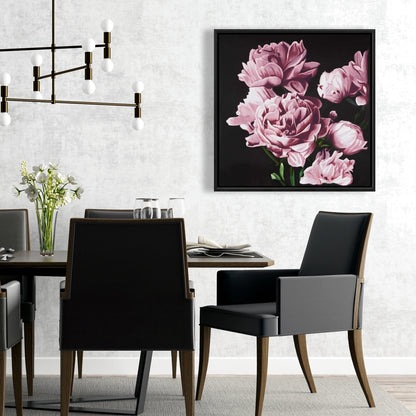 Toile encadrée noire – Pivoines roses | Décoration de chambre