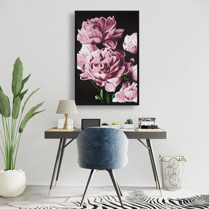 Toile encadrée noire – Pivoines roses | Décoration de chambre