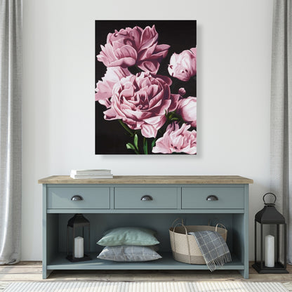 Pink Peonies Canvas - Romantic Black Bedroom Wall Art Decor