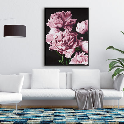 Toile encadrée noire – Pivoines roses | Décoration de chambre