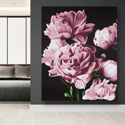 Pink Peonies Canvas - Romantic Black Bedroom Wall Art Decor