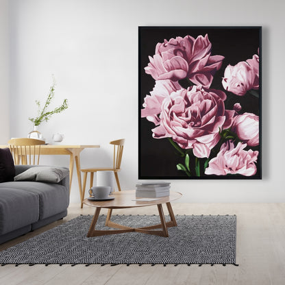 Toile encadrée noire – Pivoines roses | Décoration de chambre