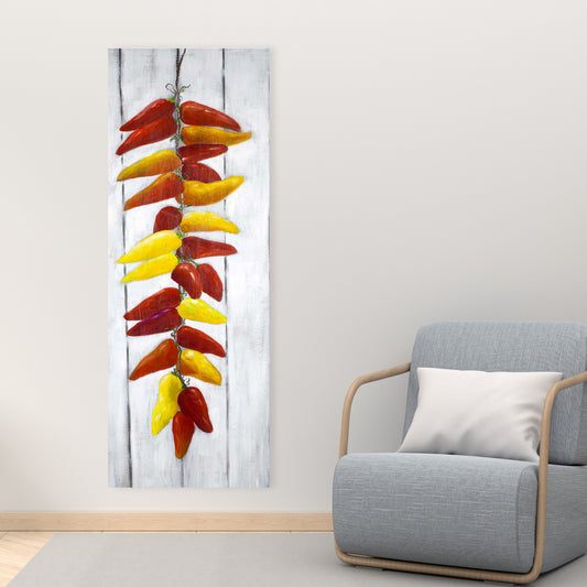 Yellow Food Canvas - Rope of Peppers with Wood Background Decor