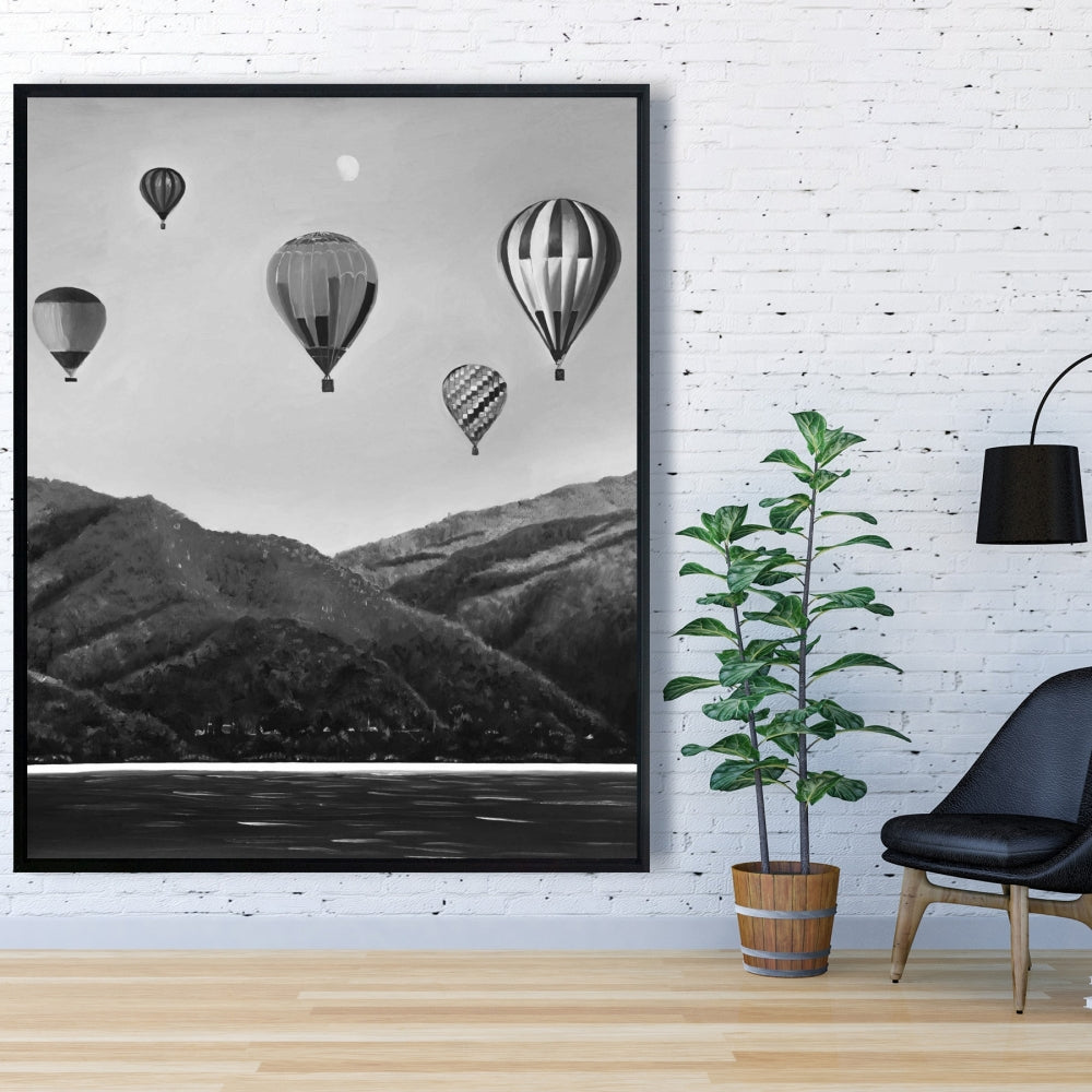 Paysage de montgolfières | Toile grise monochrome | Décoration d'intérieur
