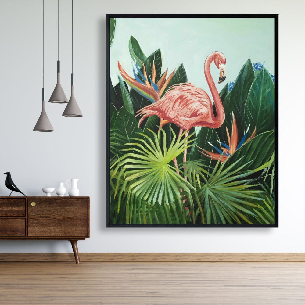 Toile encadrée rose flamant tropical | Décoration d'intérieur avec animaux exotiques