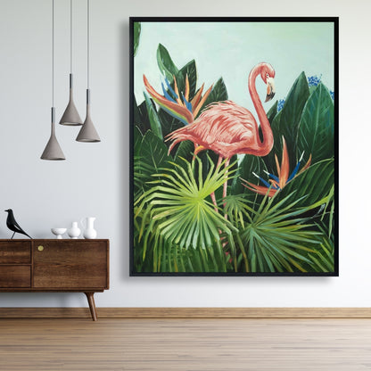 Toile encadrée rose flamant tropical | Décoration d'intérieur avec animaux exotiques