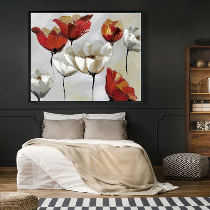 Toile encadrée à fleurs rouges et blanches abstraites - Décoration d'intérieur moderne