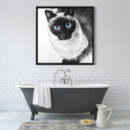 Toile de chat siamois aux yeux bleus - Décoration d'intérieur encadrée blanche