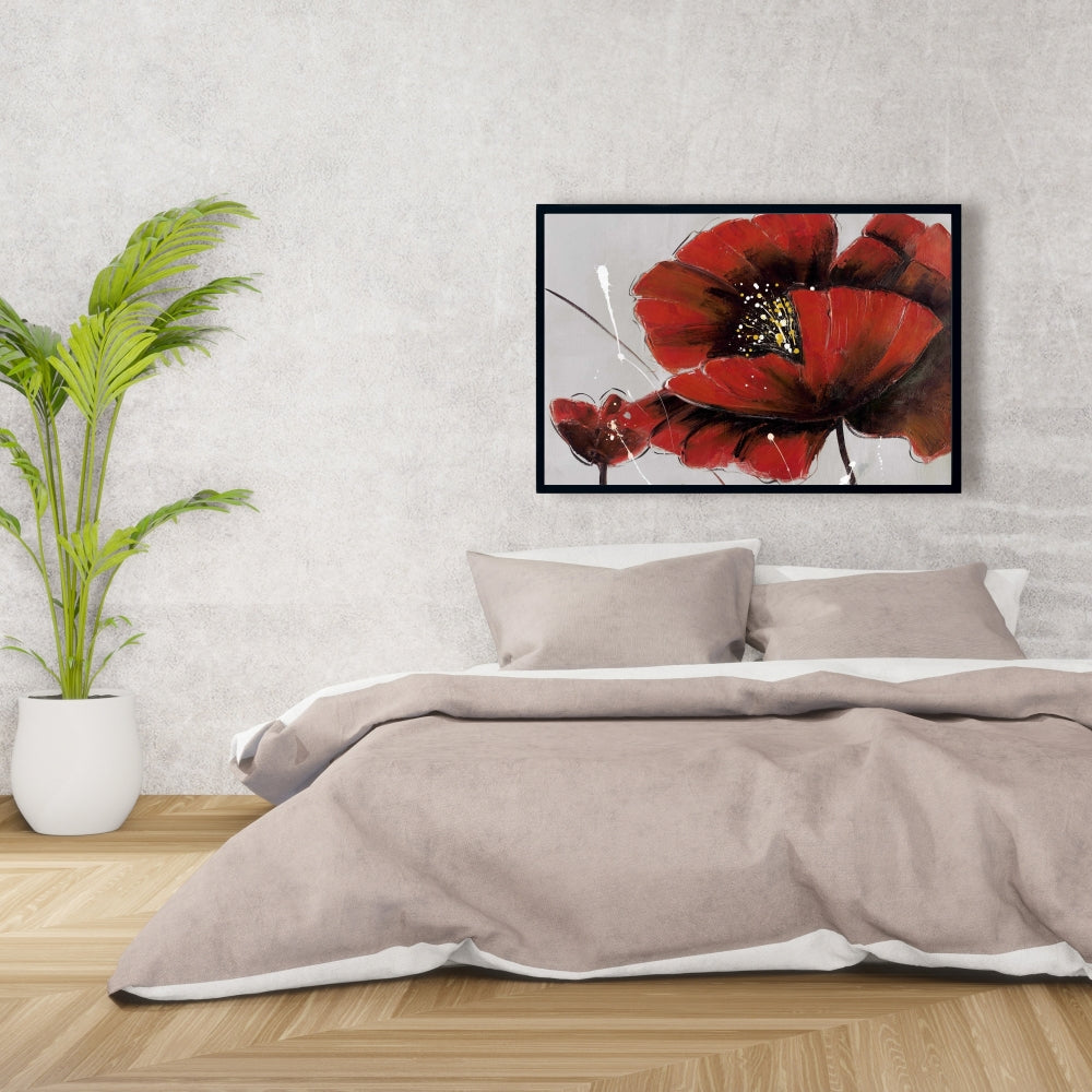 Toile botanique florale grise – Décoration d'intérieur à fleurs de pavot rouge