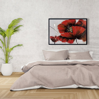 Toile botanique florale grise – Décoration d'intérieur à fleurs de pavot rouge