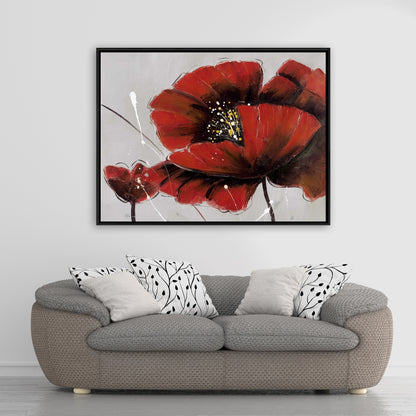 Toile botanique florale grise – Décoration d'intérieur à fleurs de pavot rouge