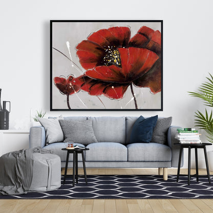 Toile botanique florale grise – Décoration d'intérieur à fleurs de pavot rouge
