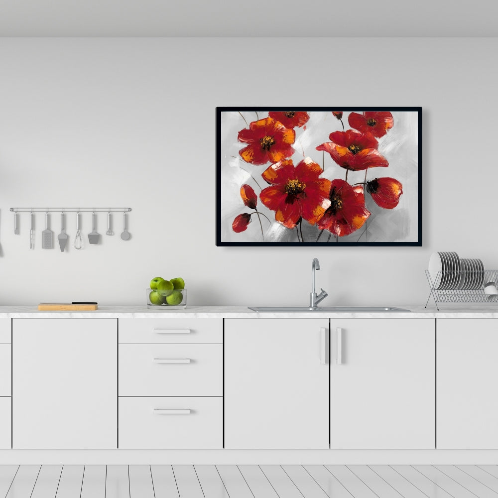 Toile moderne grise à motifs d'anémones | Décoration botanique pour la maison