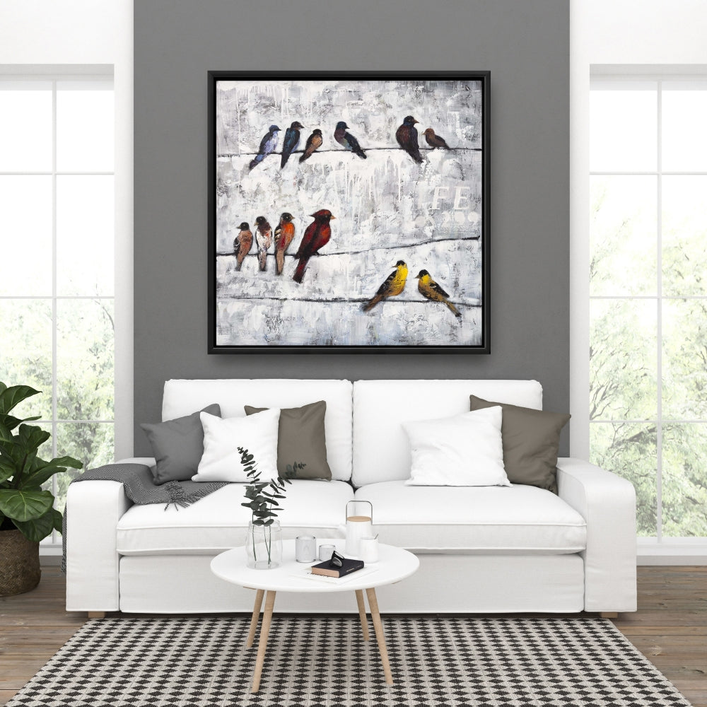 Toile contemporaine bleue - Décor d'oiseaux colorés sur des branches