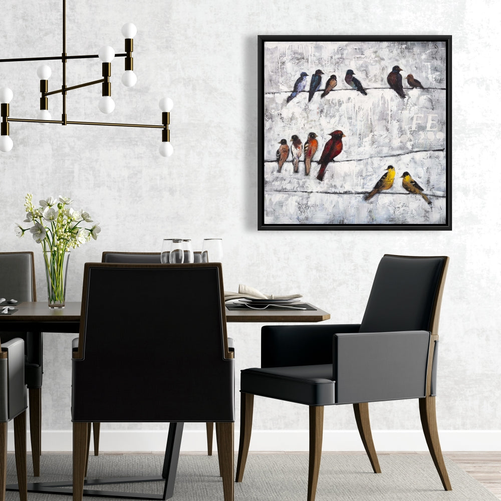 Toile contemporaine bleue - Décor d'oiseaux colorés sur des branches
