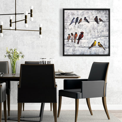 Toile contemporaine bleue - Décor d'oiseaux colorés sur des branches