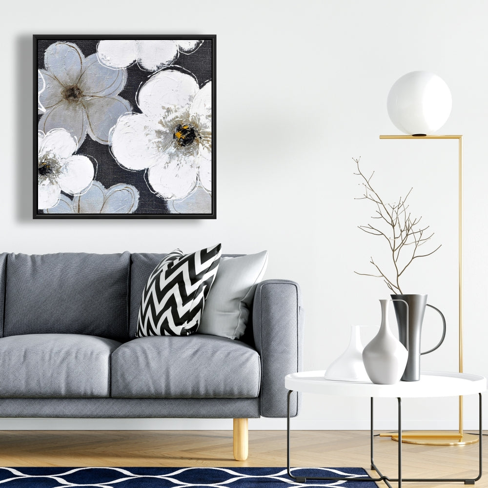 Toile encadrée Fleurs grises | Décoration florale botanique pour chambre