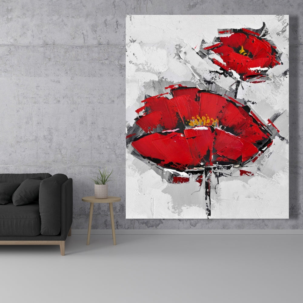 Texturized Red Poppies Canvas - Contemporary Gray Floral Art