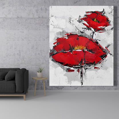Texturized Red Poppies Canvas - Contemporary Gray Floral Art