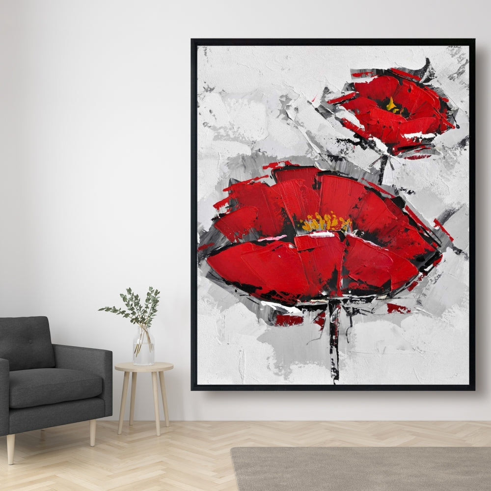 Toile texturée de coquelicots rouges | Décoration florale encadrée