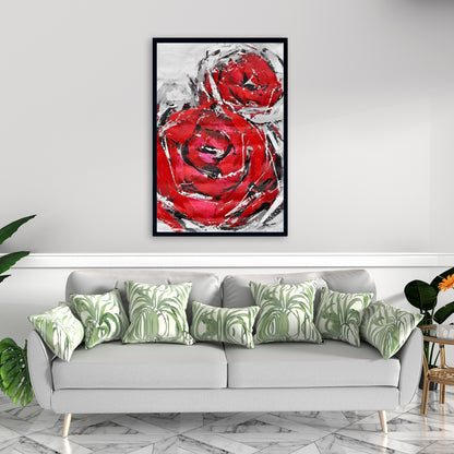 Toile botanique grise pour chambre à coucher | Décor abstrait de roses rouges