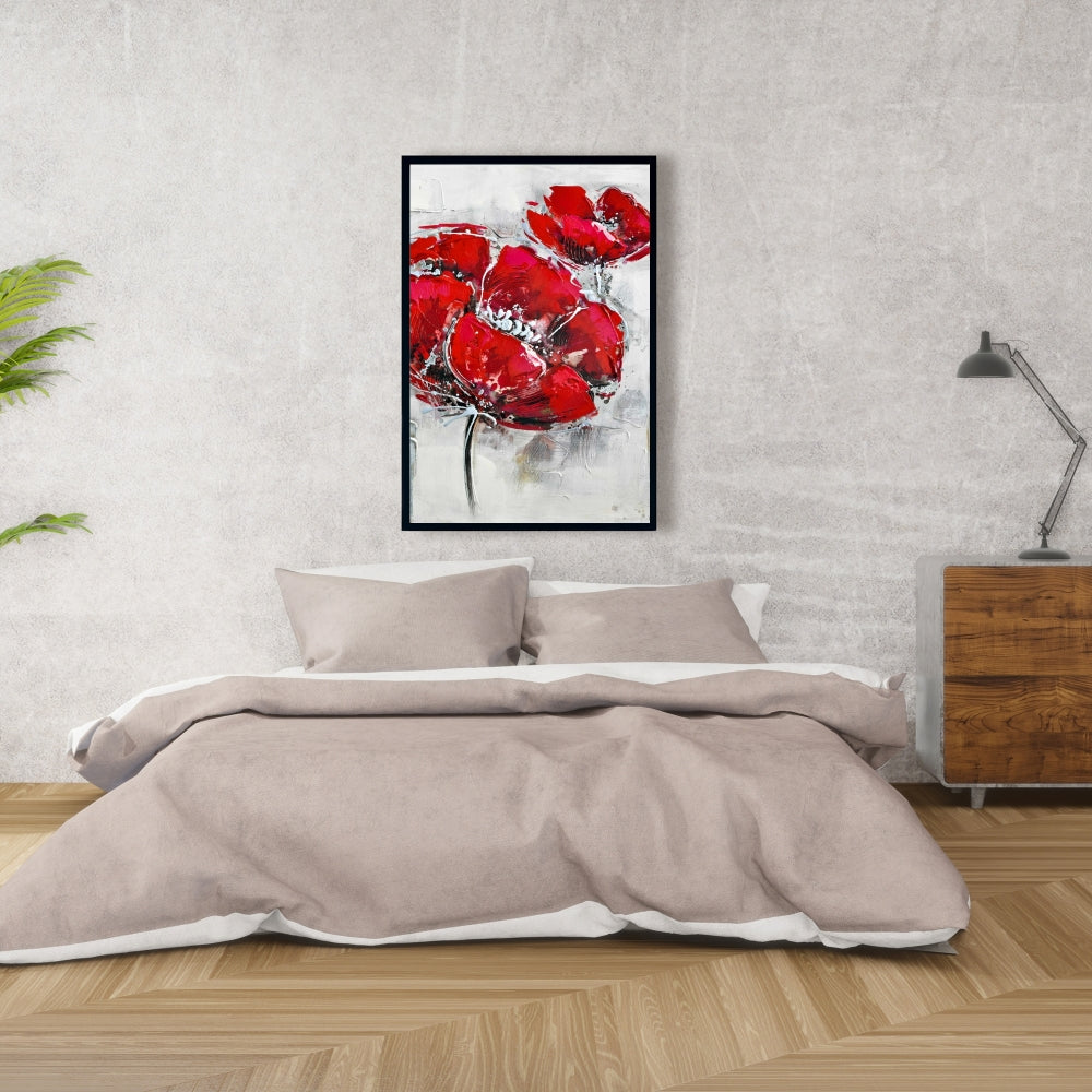 White Modern Botanical Canvas | Abstract Red Flowers Decor