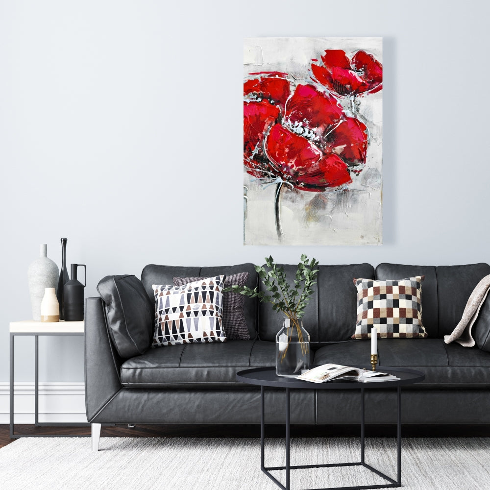 Modern Botanical Canvas | Abstract Textured Red Flowers Decor