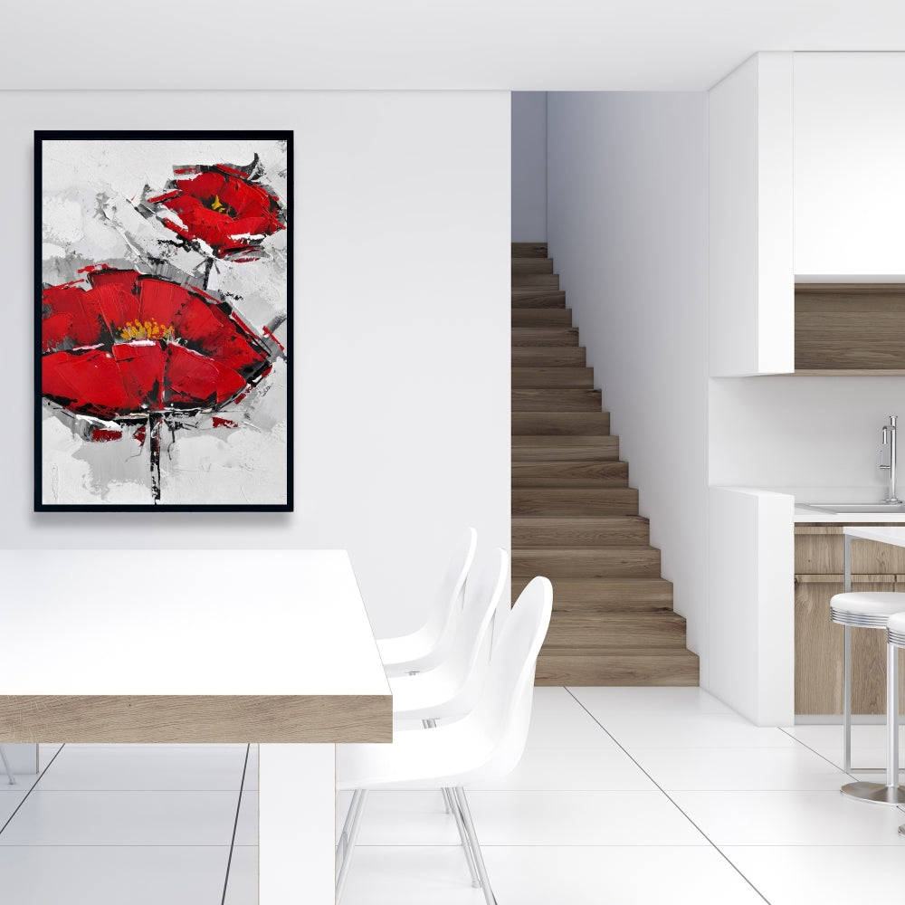 Toile texturée de coquelicots rouges | Décoration florale encadrée