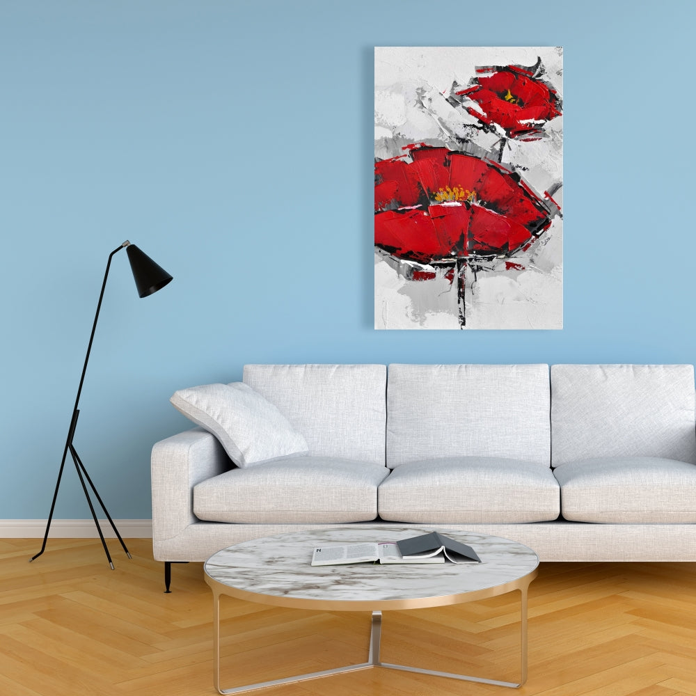 Texturized Red Poppies Canvas - Contemporary Gray Floral Art