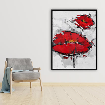 Toile texturée de coquelicots rouges | Décoration florale encadrée
