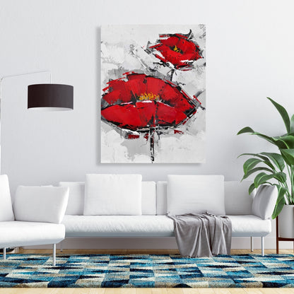 Texturized Red Poppies Canvas - Contemporary Gray Floral Art