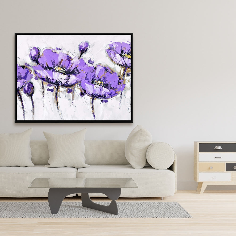 Toile botanique grise à fleurs violettes abstraites | Décoration d'intérieur