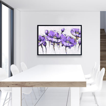 Toile botanique grise à fleurs violettes abstraites | Décoration d'intérieur