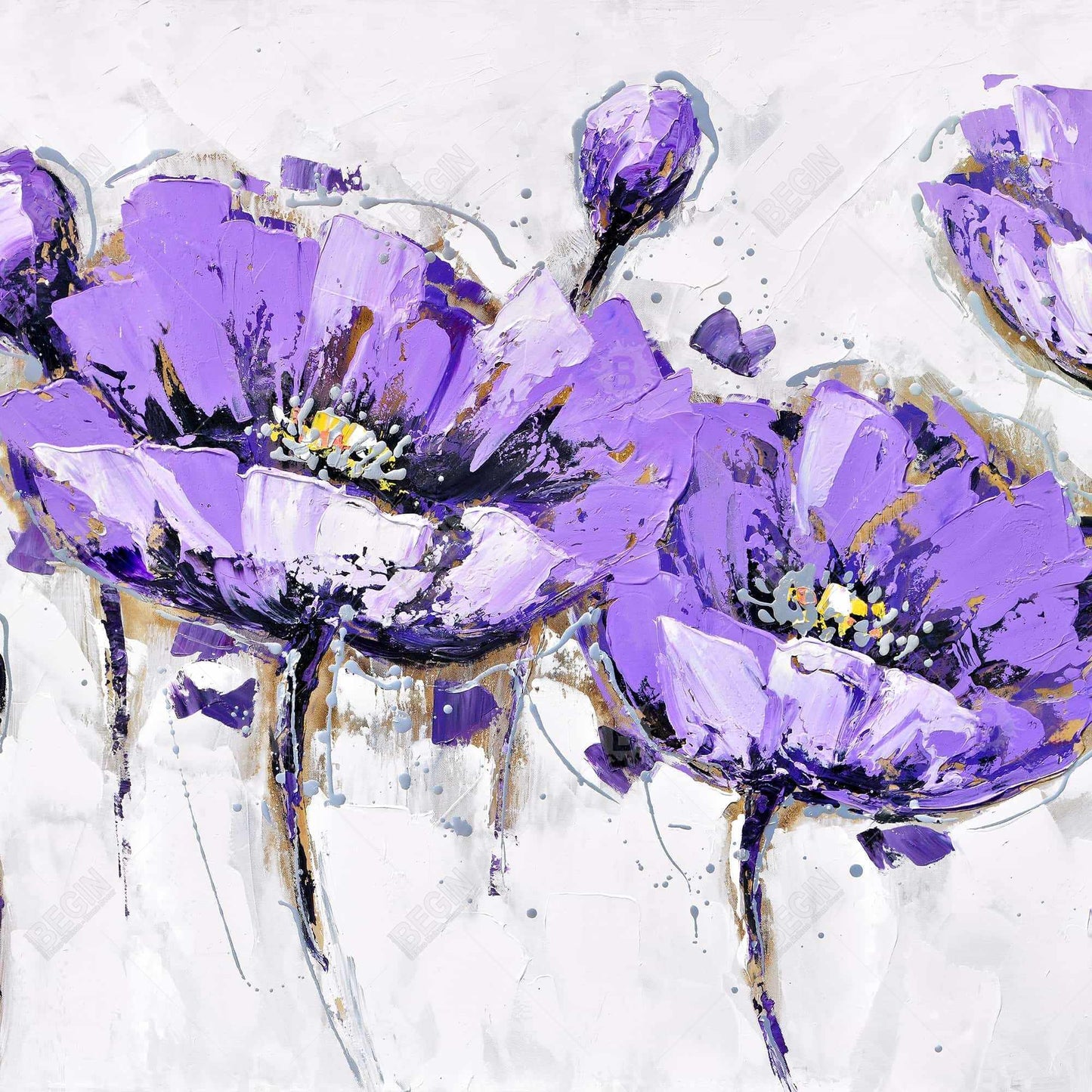 Toile botanique grise à fleurs violettes abstraites | Décoration d'intérieur