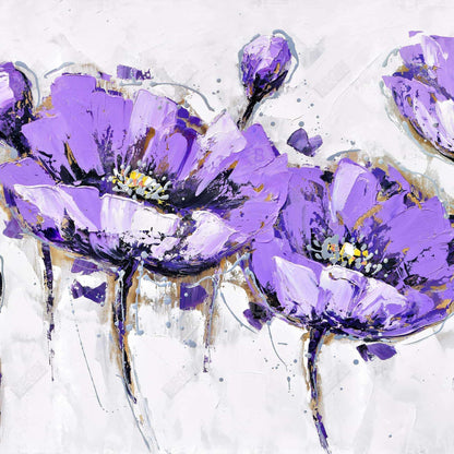 Toile botanique grise à fleurs violettes abstraites | Décoration d'intérieur