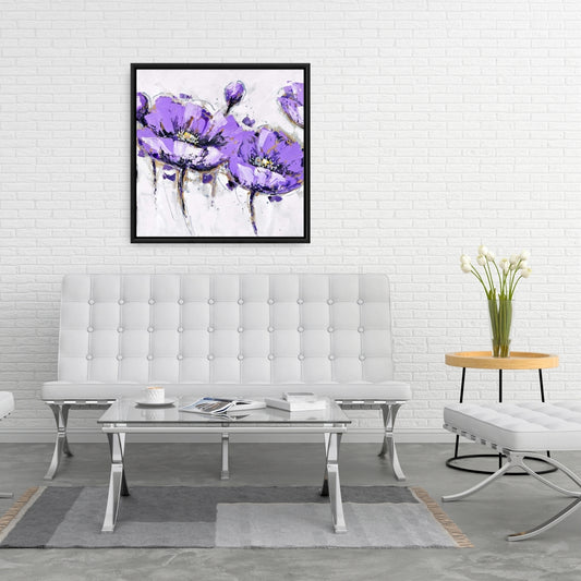 Toile botanique grise à fleurs violettes abstraites | Décoration d'intérieur