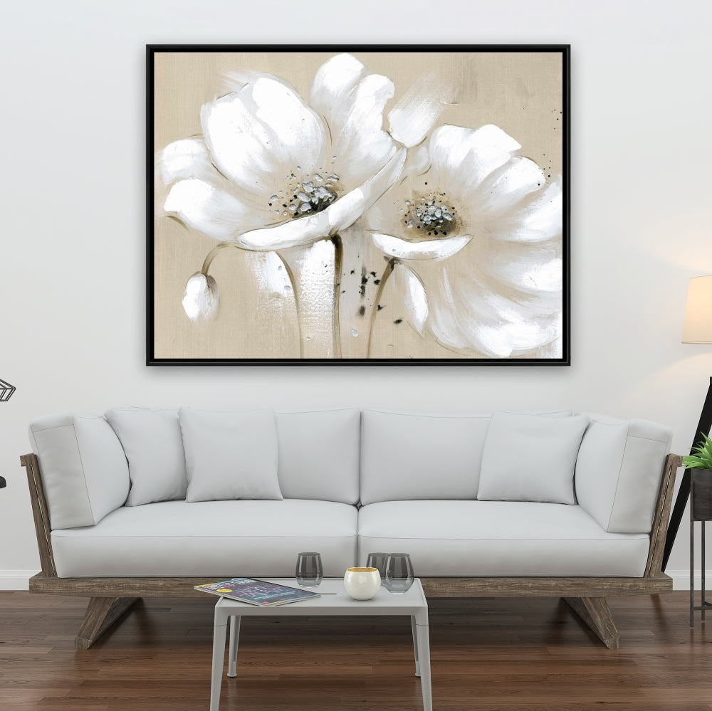 White Abstract Wild Flowers - Framed Canvas for Bedroom Decor