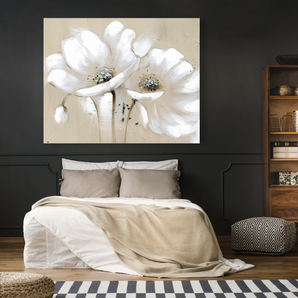 White Abstract Wild Flowers Canvas | Botanical Bedroom Art